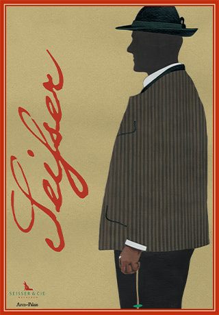 Eine stilisierte Illustration eines Mannes in einem gestreiften Anzug und Hut, im Profil dargestellt, der eine Blume hält. Das Wort "Seifen" ist in großer roter Schrift auf dem beigen Hintergrund geschrieben.