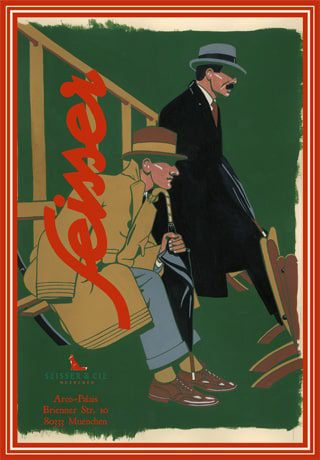 Zwei Männer in klassischer Kleidung sitzen auf einer Holztreppe. Der eine trägt einen hellbraunen Trenchcoat und einen Hut und hat einen Stock in der Hand; der andere trägt einen dunklen Anzug, einen Hut und eine Sonnenbrille. In großer roter Schrift steht "Leiser" quer über das Bild geschrieben.