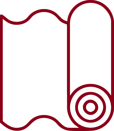 Eine einfache kastanienbraune Umrissillustration eines aufgerollten Teppichs, der teilweise nach links ausgerollt ist, auf einem hellen Hintergrund.