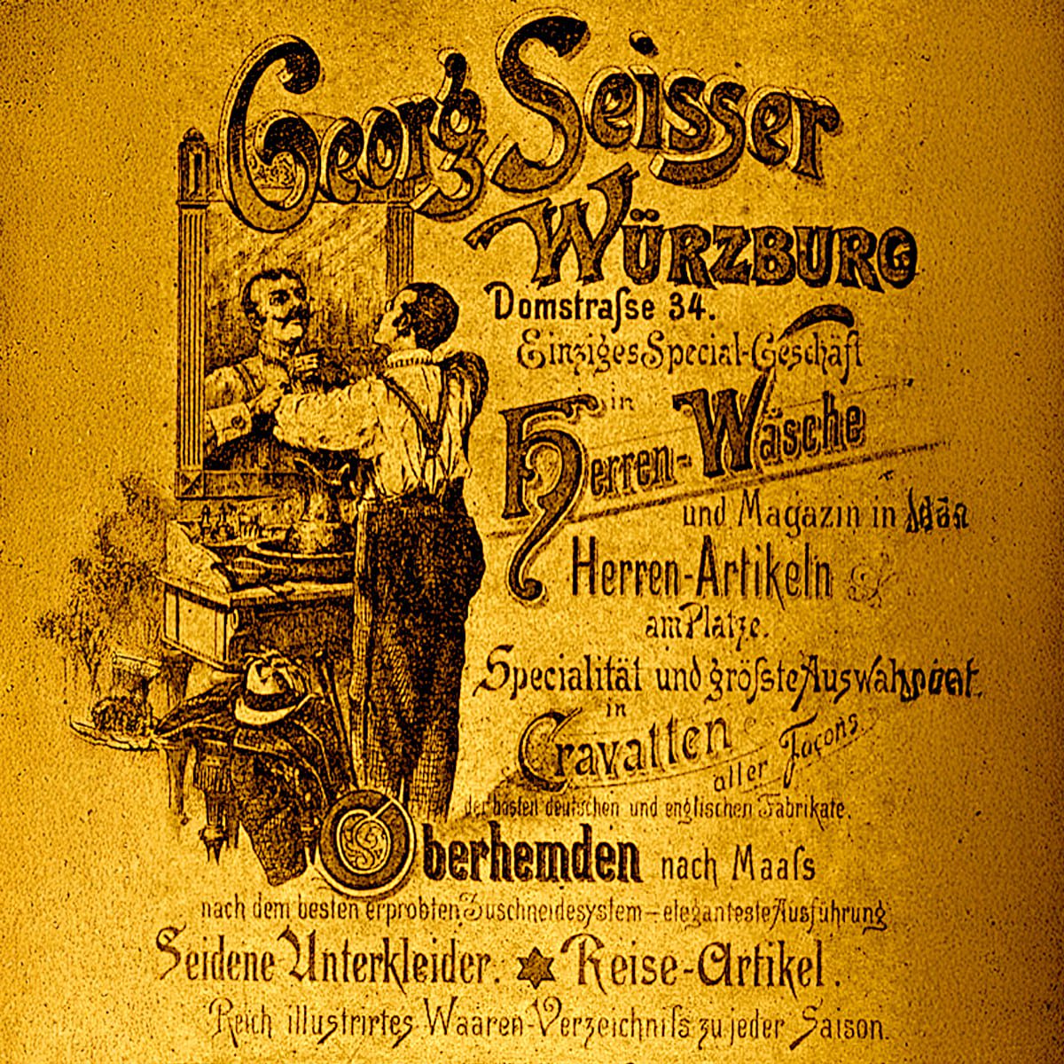 Vintage-Werbung für Georg Seisser Würzburg, mit zwei Männern, die Stoffe prüfen. Dekorativer altmodischer Text wirbt für Hemden, Herrenbekleidung, Krawatten, Unterwäsche, Reiseartikel und Maßschneiderei.