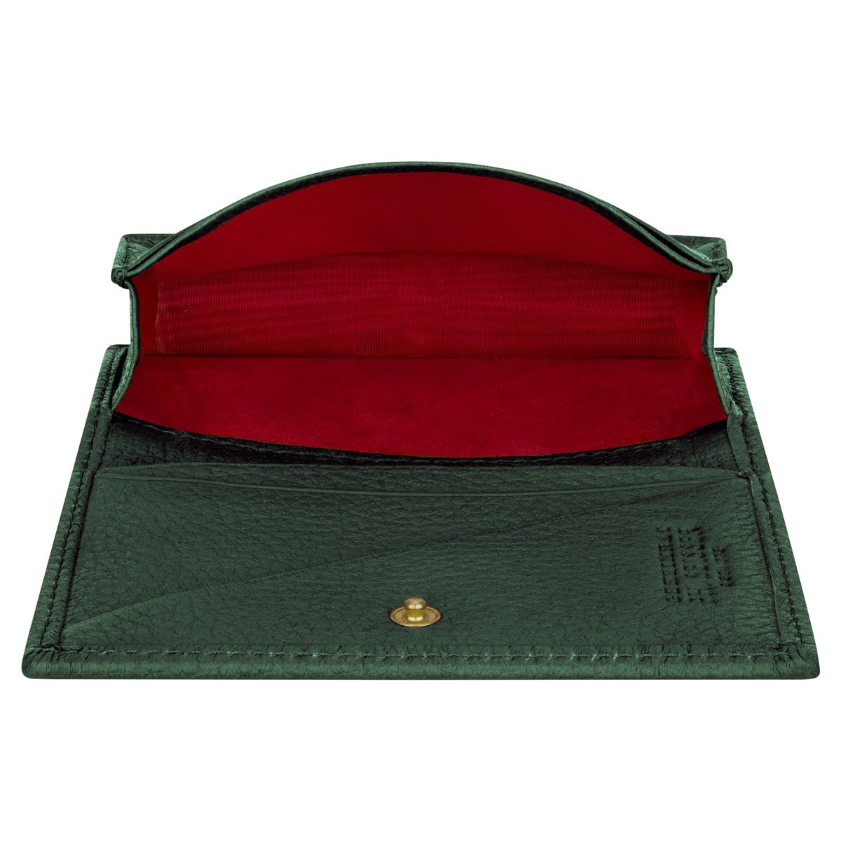 Ein offenes grünes Lederportemonnaie mit rotem Innenfutter, flach liegend mit sichtbarem Verschluss auf der Vorderseite.
