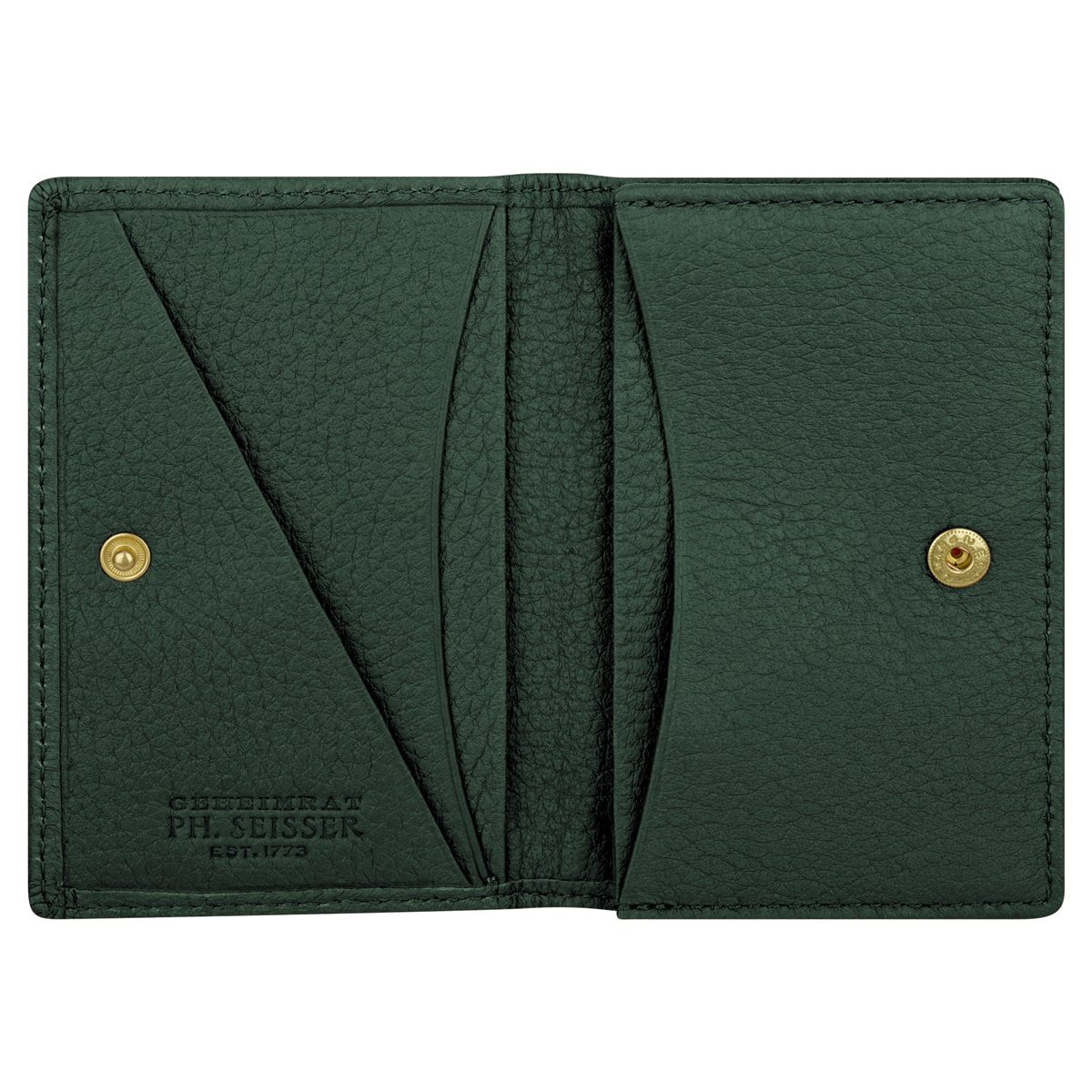 Ein offenes grünes Lederportemonnaie mit mehreren Kartenfächern, einer großen Tasche auf der rechten Seite und Druckknopfverschlüssen auf beiden Seiten. Die Aufschrift "Oberbekrat PH. Stisser Est. 1773" sind auf der Innenseite eingeprägt.