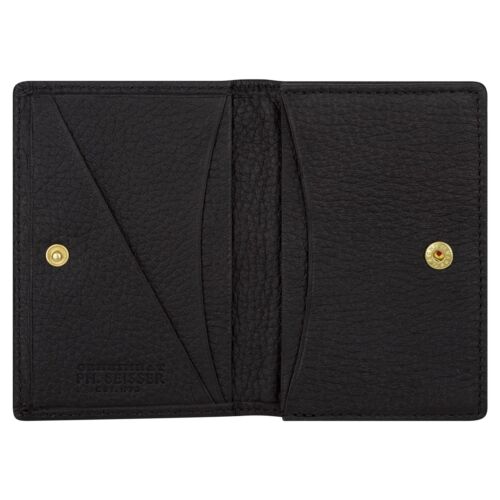 Ein offenes Portemonnaie aus schwarzem Leder mit strukturierter Oberfläche, das zwei Hauptfächer und zwei Kartenfächer aufweist. Die Brieftasche hat goldene Druckknöpfe zum Verschließen.