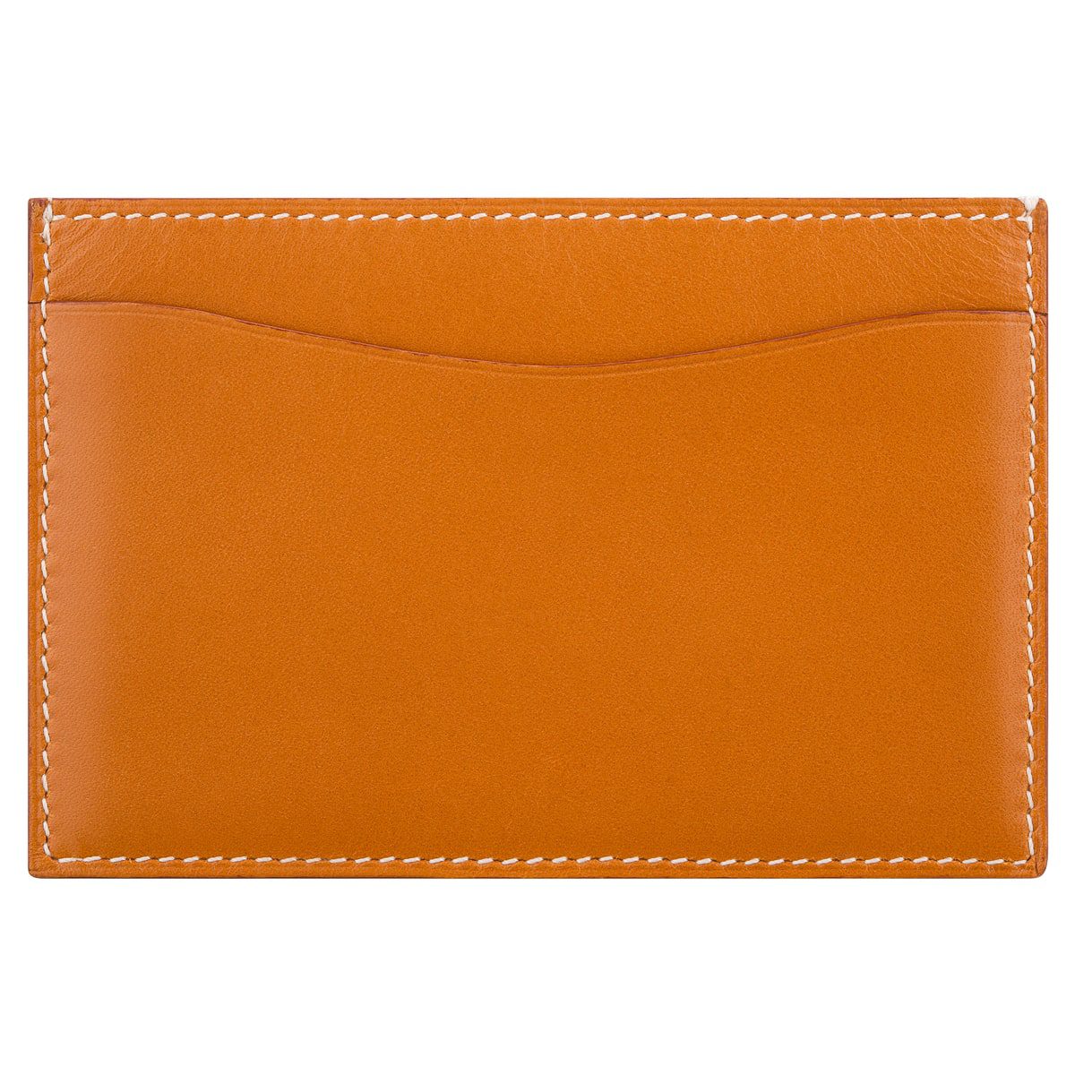 Ein brauner Leder-Kartenhalter mit weißen Nähten, mit zwei Kartenfächern auf einer Seite und einem schlichten, minimalistischen Design.