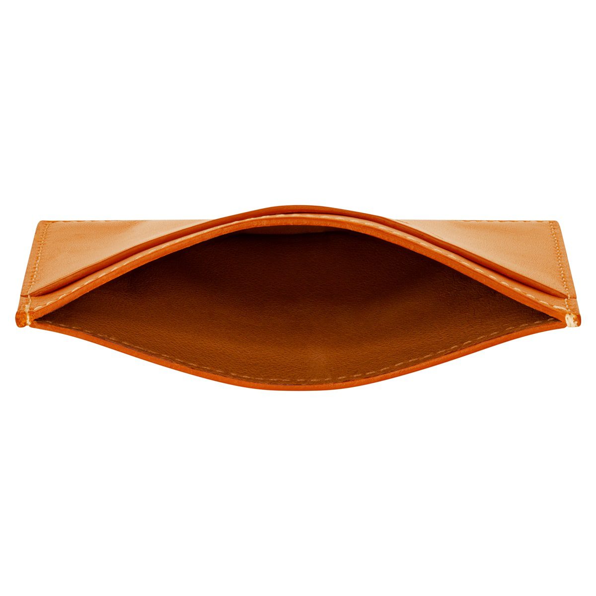 Draufsicht auf eine leere, geöffnete braune Ledergeldbörse ohne sichtbaren Inhalt.