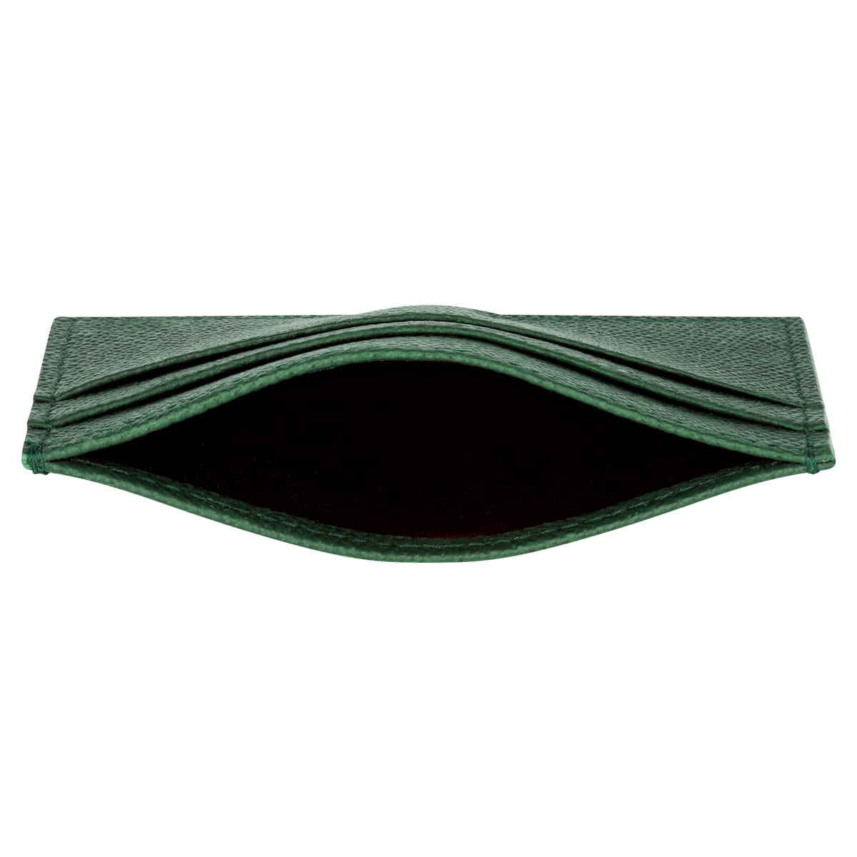 Draufsicht auf eine leere, grüne Ledergeldbörse mit einem offenen Fach in der Mitte und ohne sichtbaren Inhalt.