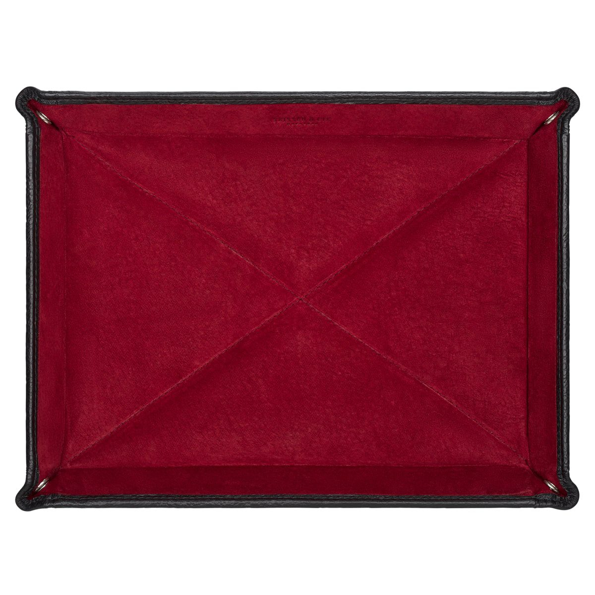 Eine rechteckige Vide-Poche L (21x15cm) Dienerablage aus rotem Wildleder mit schwarzen Lederkanten und Eckknöpfen, von oben auf weißem Hintergrund dargestellt.