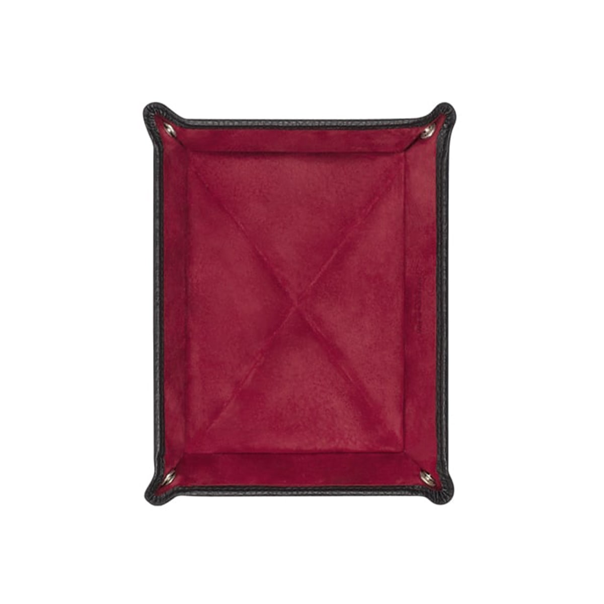 Die Vide-Poche L (21x15cm) ist ein rechteckiges Tablett mit einem tiefroten, wildlederähnlichen Inneren, schwarzen Rändern und leicht erhöhten Ecken, die durch Metalldruckknöpfe gesichert sind.