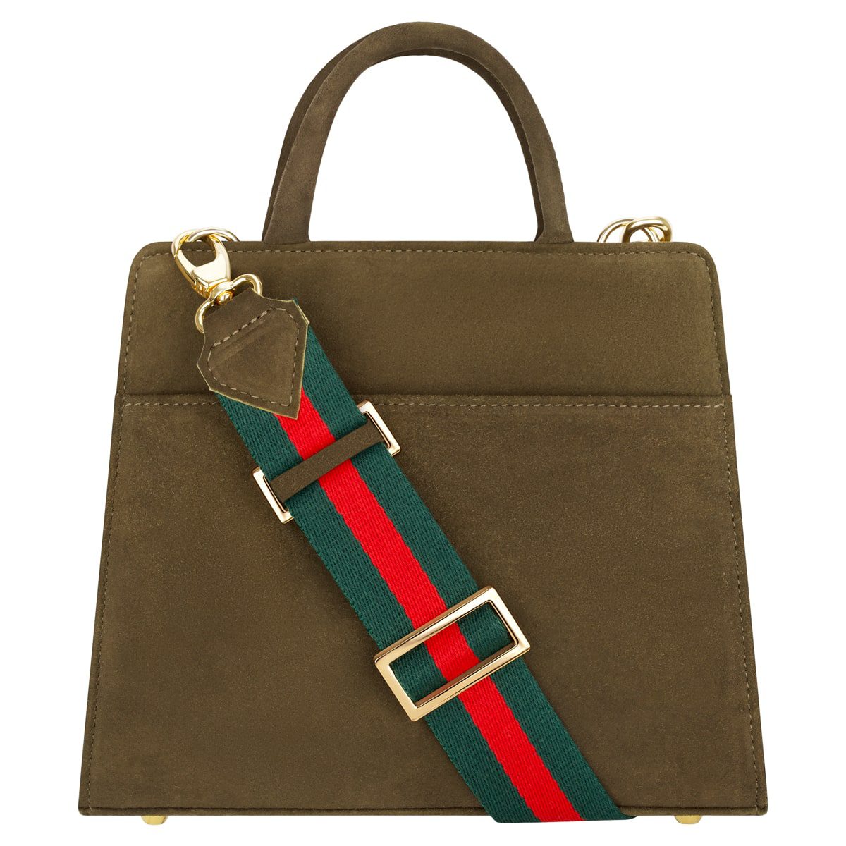 Clutch "Paris/Cortina" aus braunem Hirschleder mit strukturierter Silhouette, goldenen Beschlägen, kurzem Henkel und einem abnehmbaren Riemen mit grün-roten Streifen und goldener Schnalle.