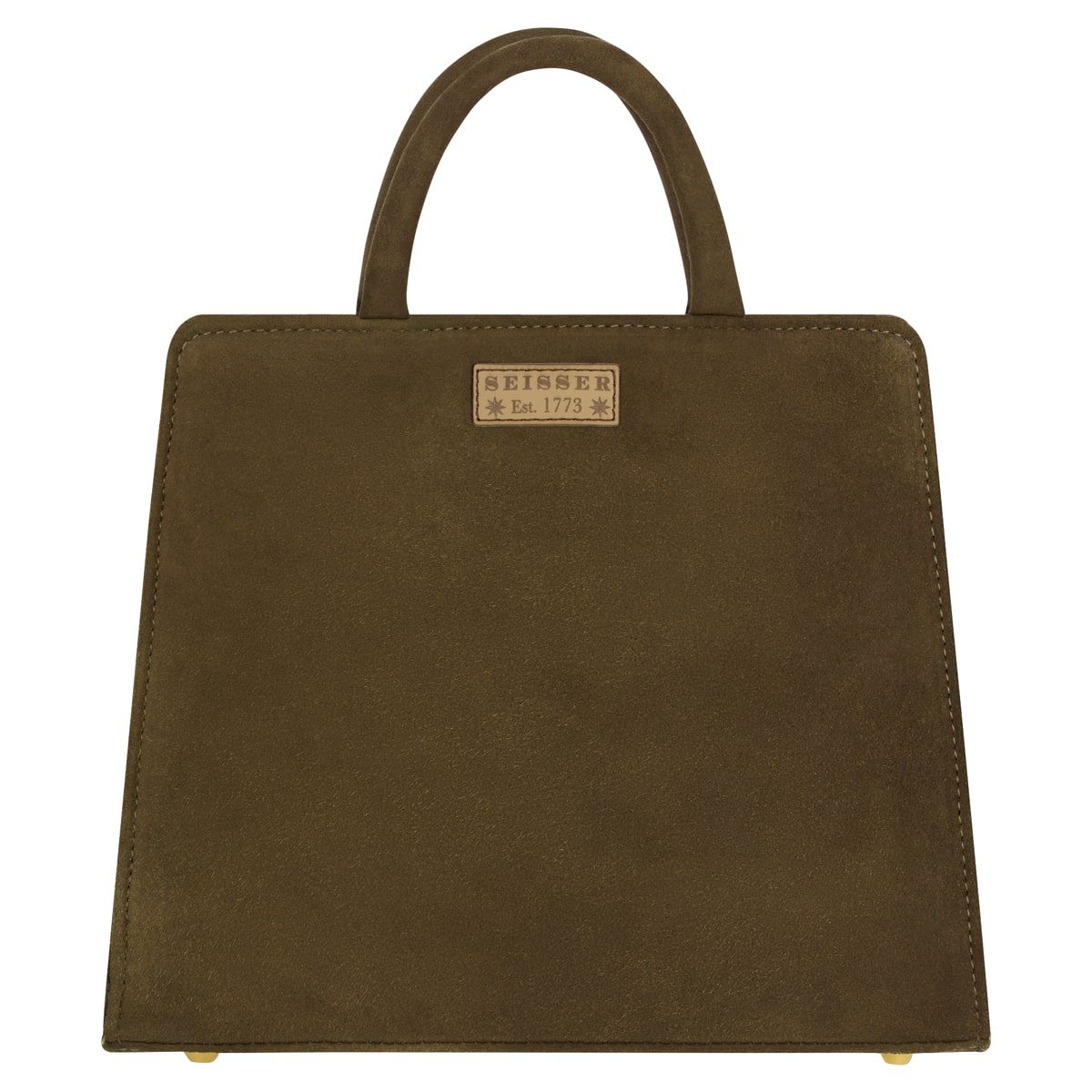 Die Clutch "Paris/Cortina" ist aus echtem braunen Hirschleder gefertigt, hat zwei kurze Henkel, eine strukturierte Trapezform und "Seisser Est. 1773" auf der Vorderseite im oberen Bereich.