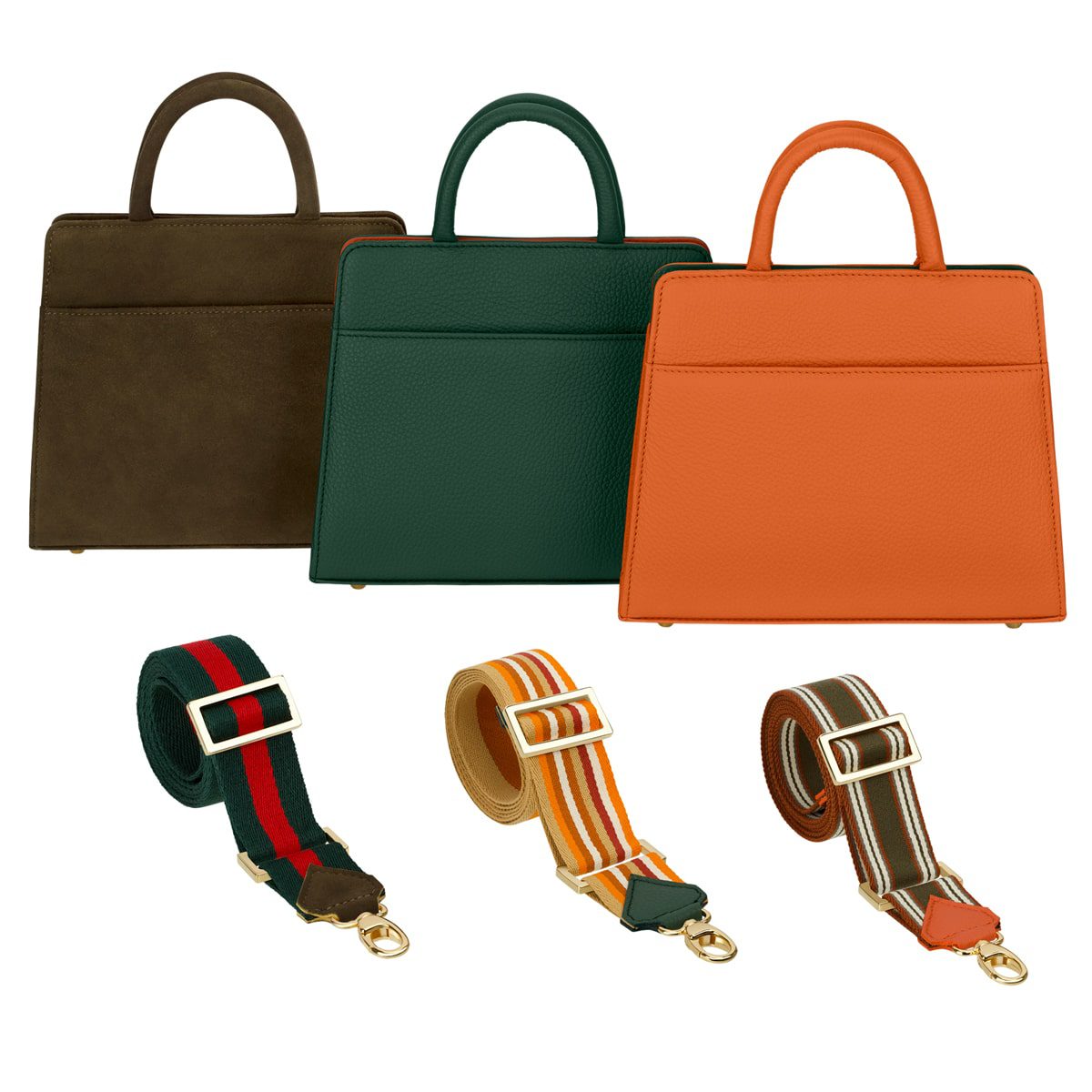 Die Clutch "Paris/Cortina" (Racing-Green) wird mit einem passenden abnehmbaren Schulterriemen in einem koordinierten Streifenmuster auf der Vorderseite ausgestellt.