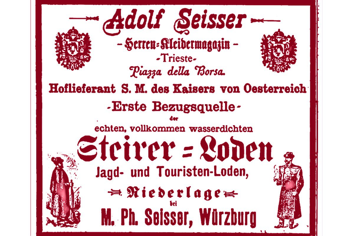 Alte deutsche Werbung in roter Schrift für Steirer-Loden Jagd- und Touristenkleidung. Abgebildet sind dekorative Schriftarten, zwei Wappen und Abbildungen eines Mannes mit Gewehr und einer Frau in Tracht.