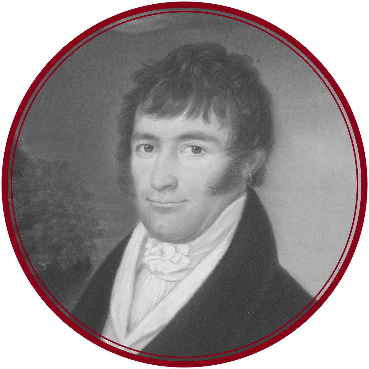 Schwarz-weißes Porträt eines Mannes mit dunklem, gewelltem Haar und Koteletten, der ein hochgeschlossenes Hemd und eine Jacke trägt. Das Bild ist von einem runden roten Rahmen umgeben.