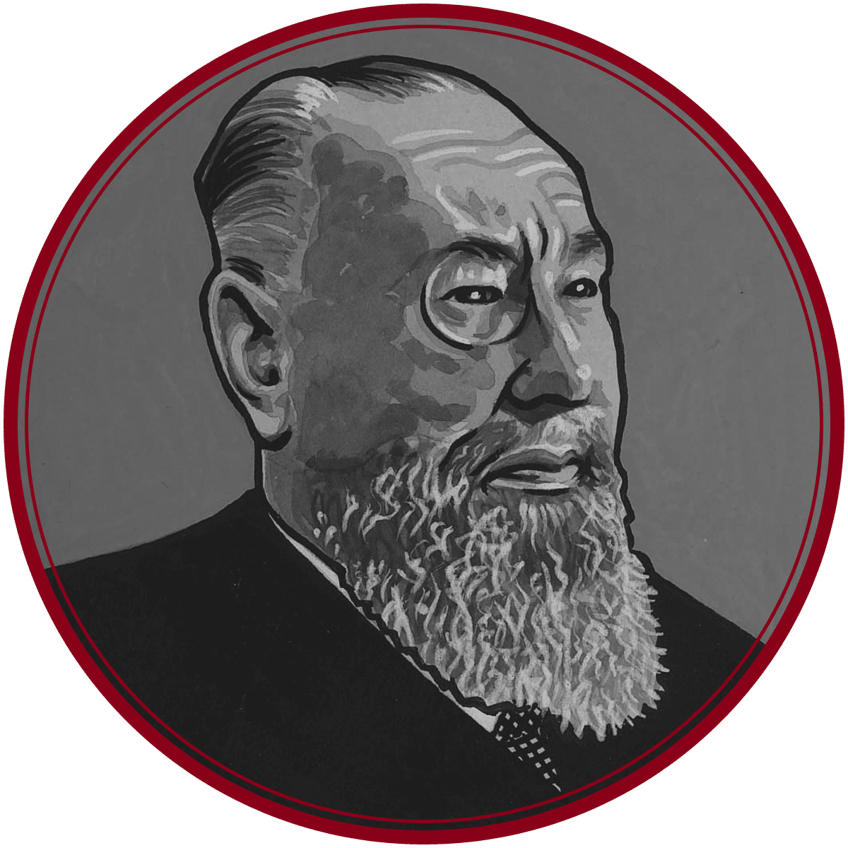 In Graustufen illustriertes Porträt eines älteren Mannes mit Vollbart und Schnurrbart, der einen Anzug trägt, umrahmt von einem kreisförmigen roten Rahmen.
