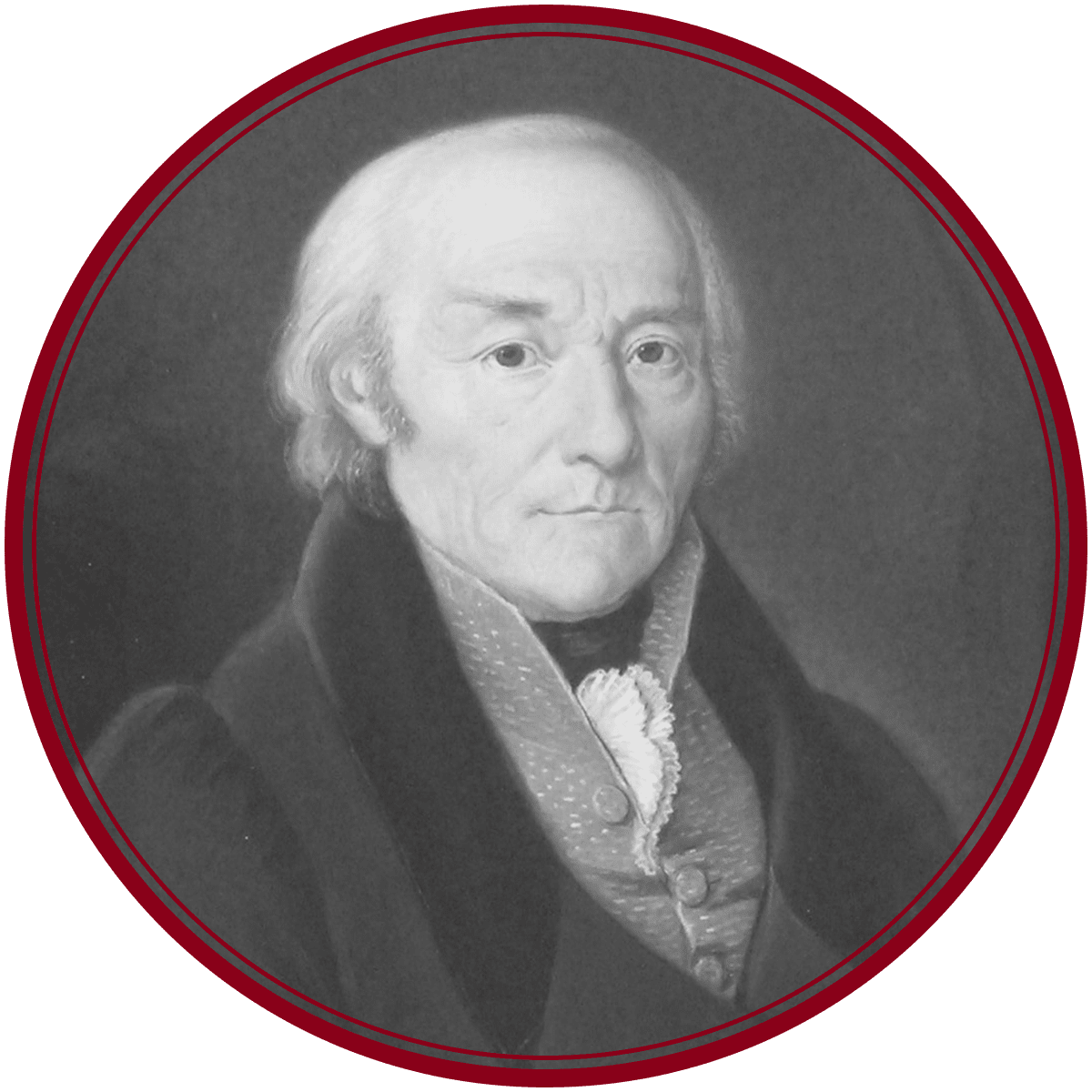 Schwarz-Weiß-Porträt eines älteren Mannes mit schütterem weißem Haar, der einen dunklen Mantel, ein hochgeschlossenes Hemd und eine Krawatte trägt, umrahmt von einem kreisförmigen roten Rahmen.