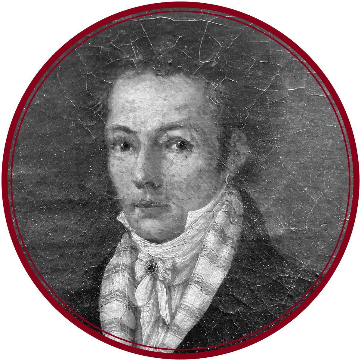 Historisches Gemälde eines Mannes mit kurzem, dunklem Haar, der einen dunklen Mantel und eine weiße Krawatte trägt. Das Bild wirkt gealtert und rissig und wird von einem roten, kreisförmigen Rand umrahmt.