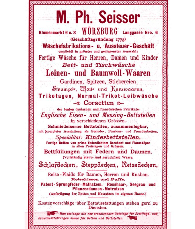 Eine alte deutsche Anzeige in roter Schrift listet verschiedene Haushalts- und Bekleidungsprodukte zum Verkauf auf, darunter Bettwäsche, Bettzeug, Wollwaren, Korsetts und Betten. Die Überschrift lautet "M. Ph. Seisser, Würzburg.